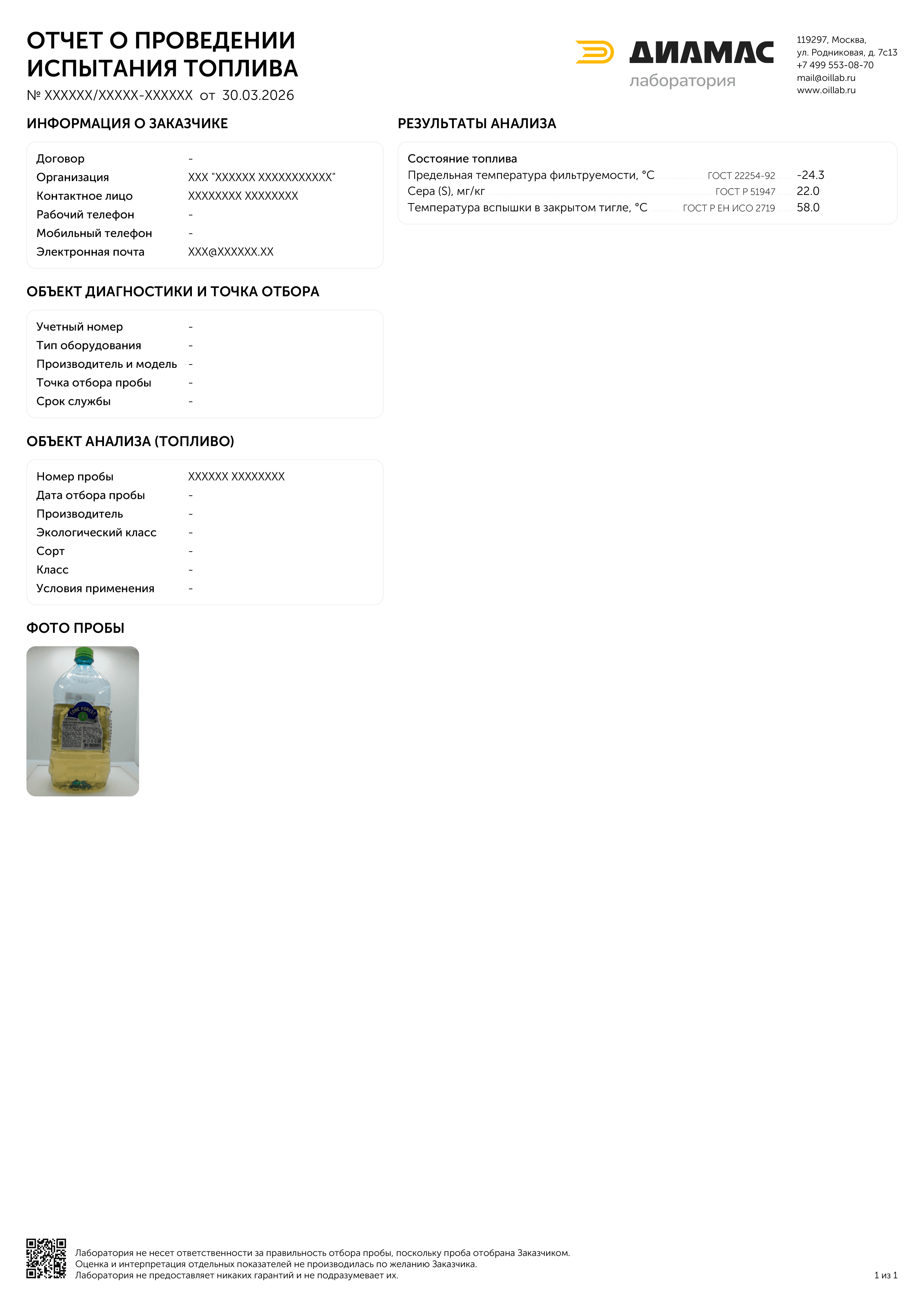 Пример отчета отдельных показателей