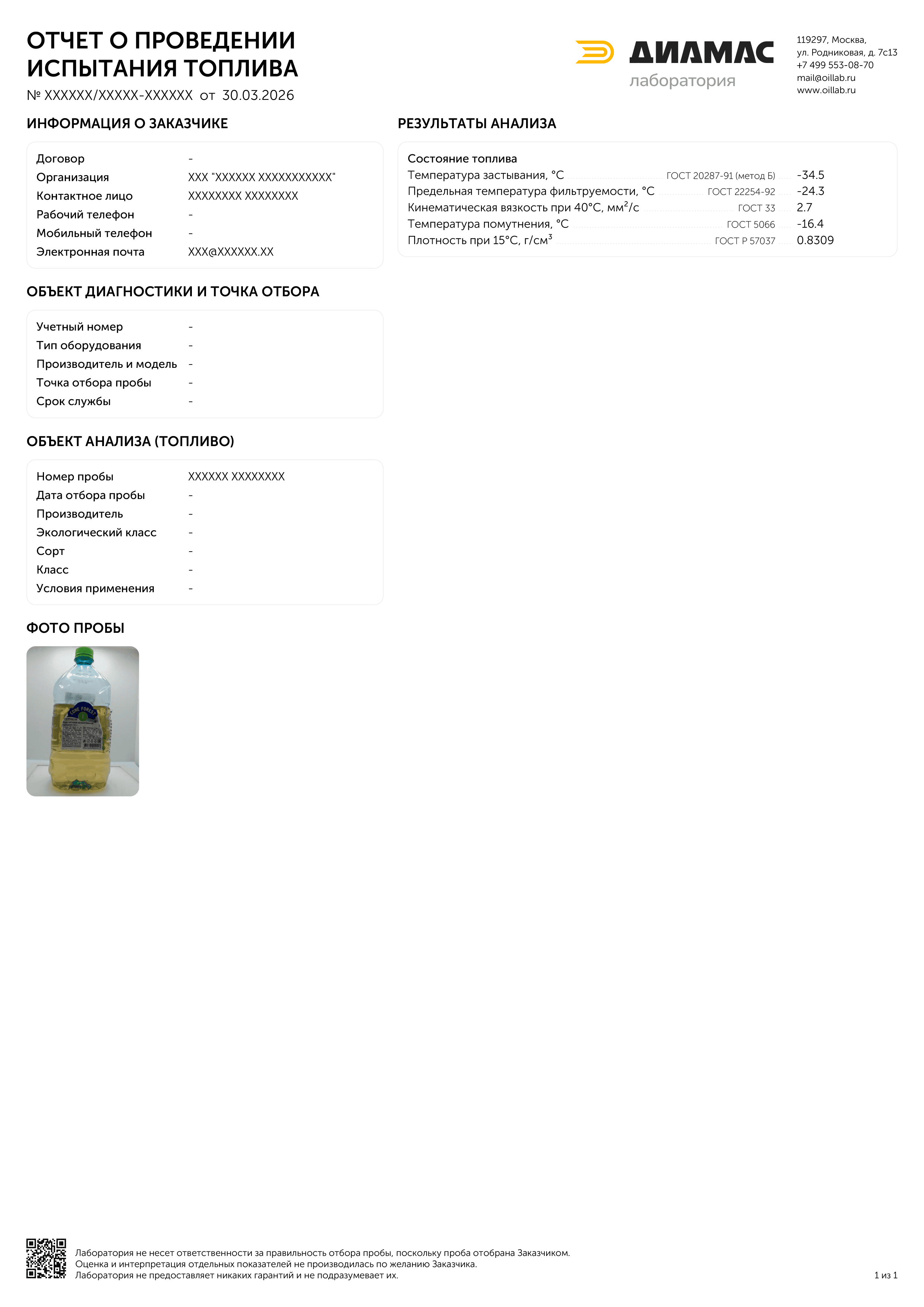 Пример отчета отдельных показателей