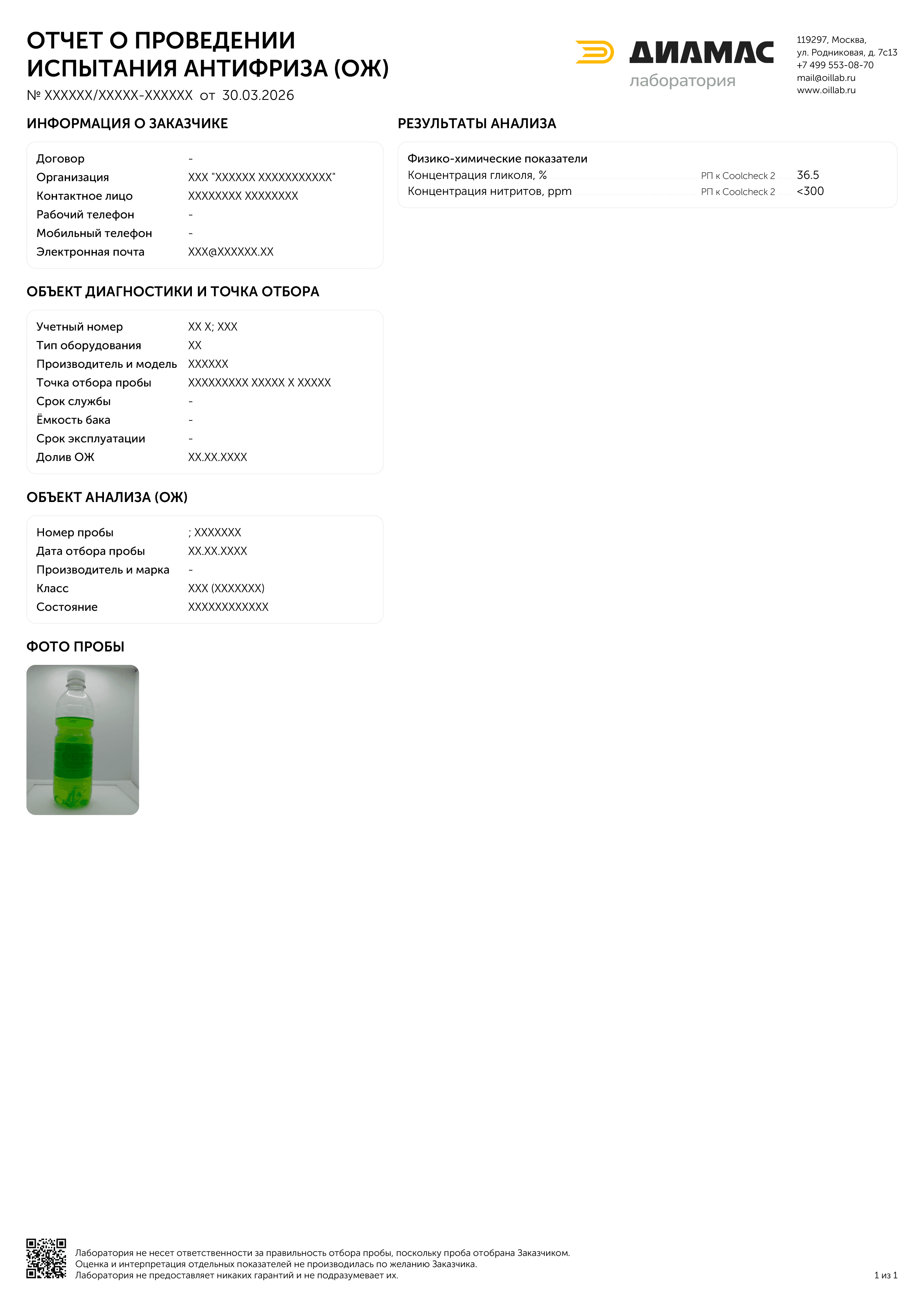 Пример отчета отдельных показателей