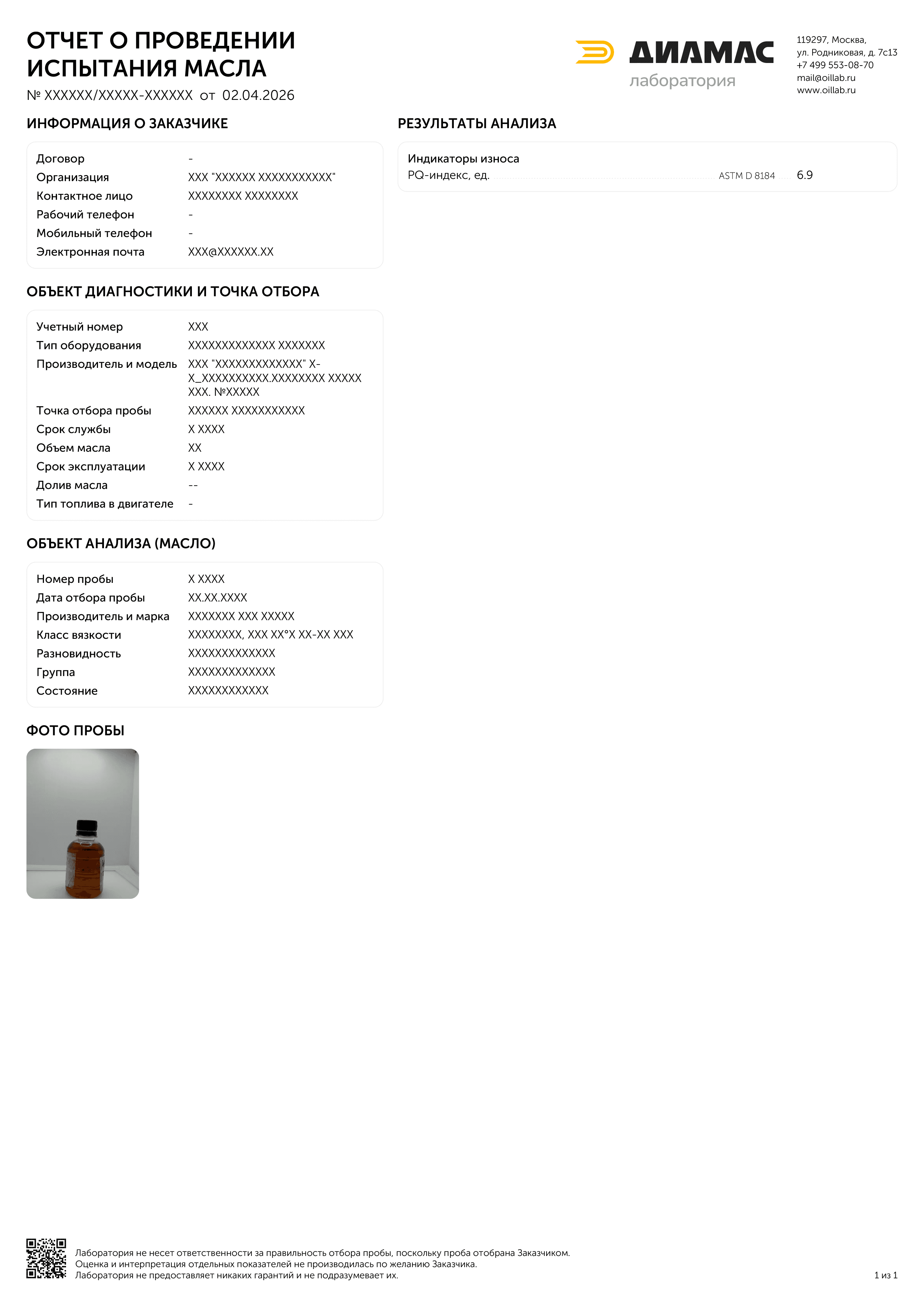 Пример отчета отдельных показателей