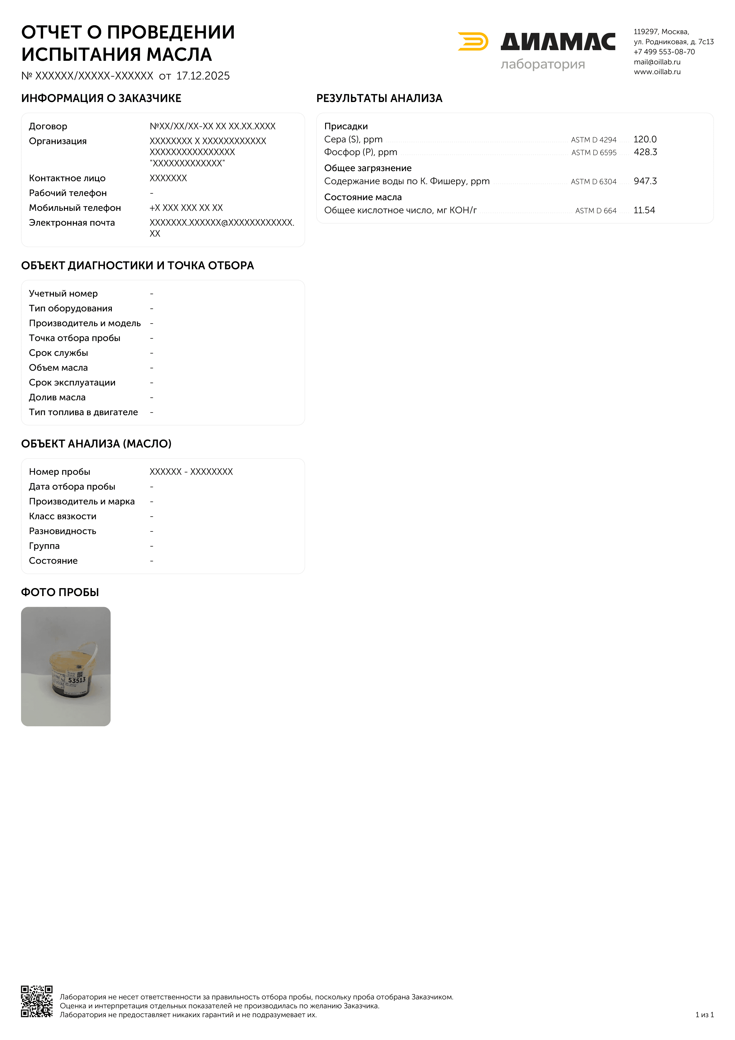 Пример отчета отдельных показателей